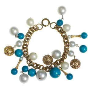 Vintage Gold Tone Charm Bracelet with White Pearl and Turquoise Beads, Multi-link Chain, Gold Tone Beads