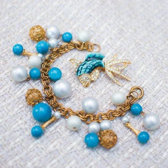 Vintage Gold Tone Charm Bracelet with White Pearl and Turquoise Beads, Multi-link Chain, Gold Tone Beads