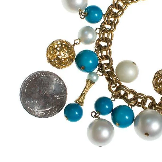 Vintage Gold Tone Charm Bracelet with White Pearl and Turquoise Beads, Multi-link Chain, Gold Tone Beads