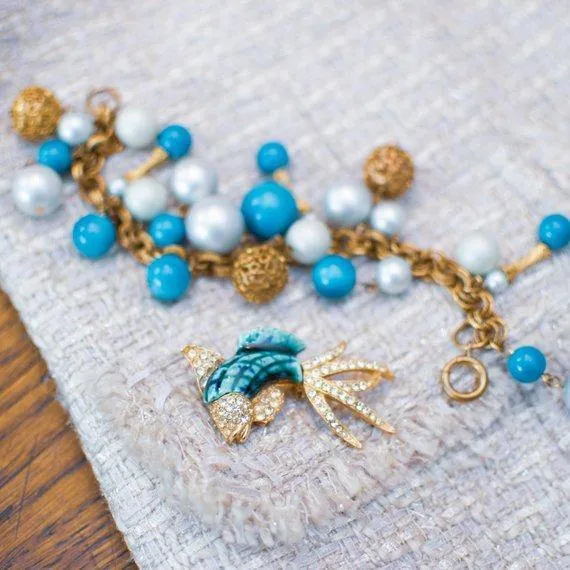 Vintage Gold Tone Charm Bracelet with White Pearl and Turquoise Beads, Multi-link Chain, Gold Tone Beads