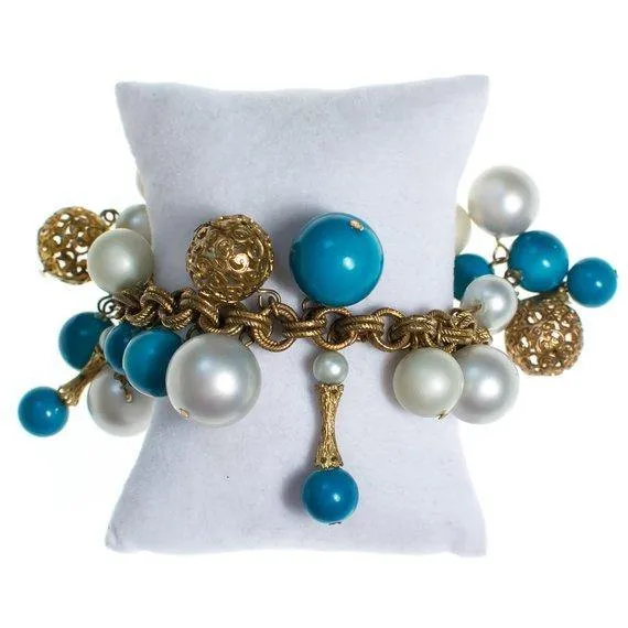 Vintage Gold Tone Charm Bracelet with White Pearl and Turquoise Beads, Multi-link Chain, Gold Tone Beads