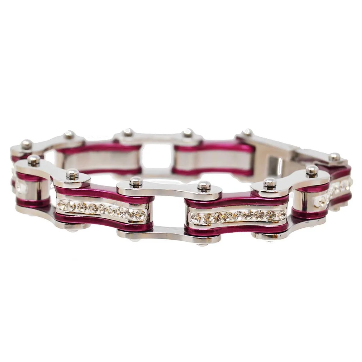 VJ1103 Two Tone Silver and Candy Purple Ladies Bike Chain Bracelet with White Crystal Centers
