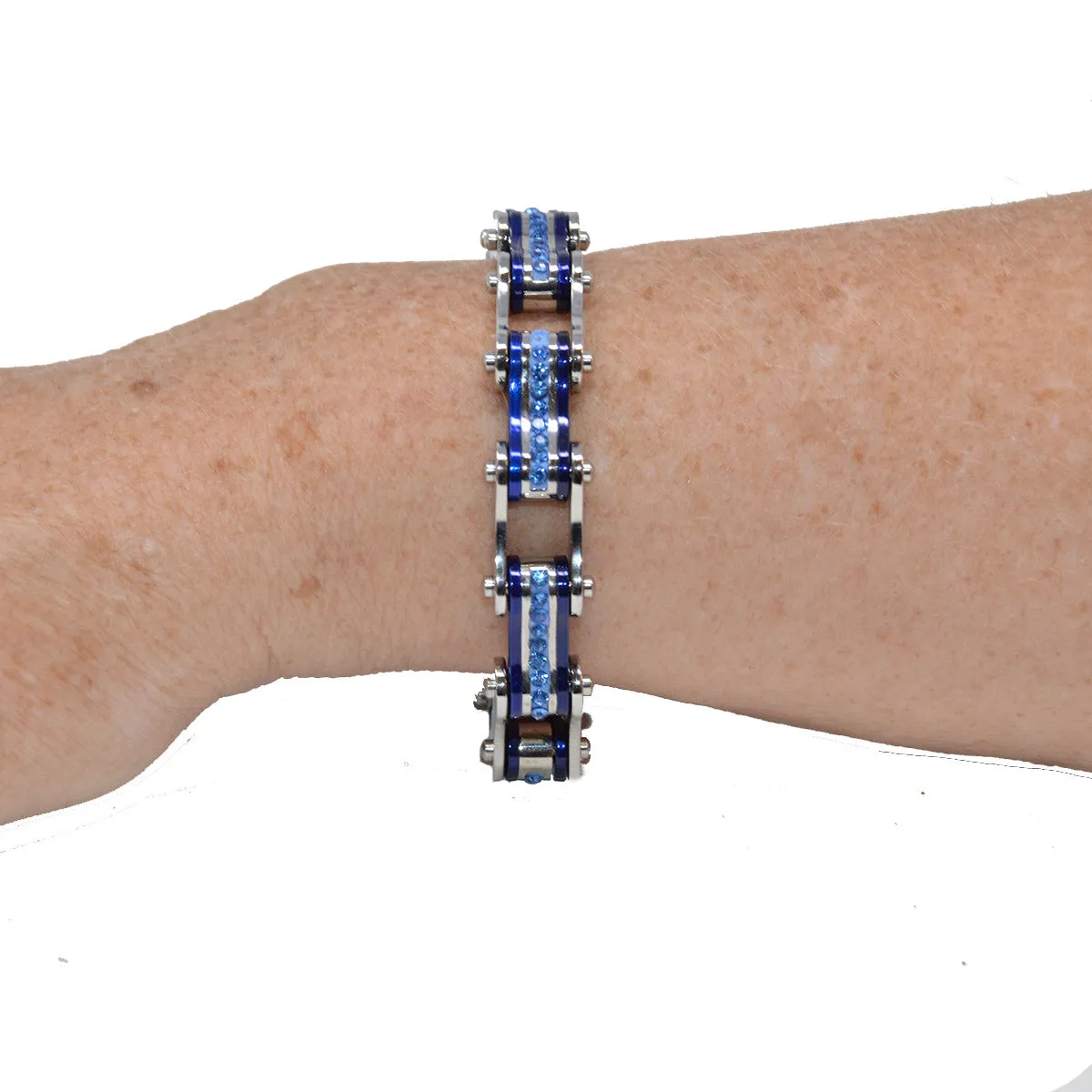 VJ1110 Two Tone Silver and Candy Blue Bike Chain Bracelet with Blue Crystal Centers
