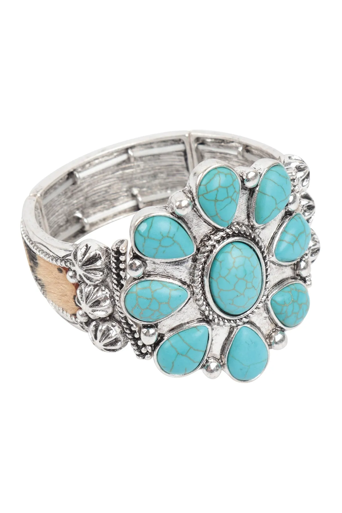 WESTERN CONCHO FLOWER CLUSTER SEMI STONE W/ LEOPARD WRAP BRACELET