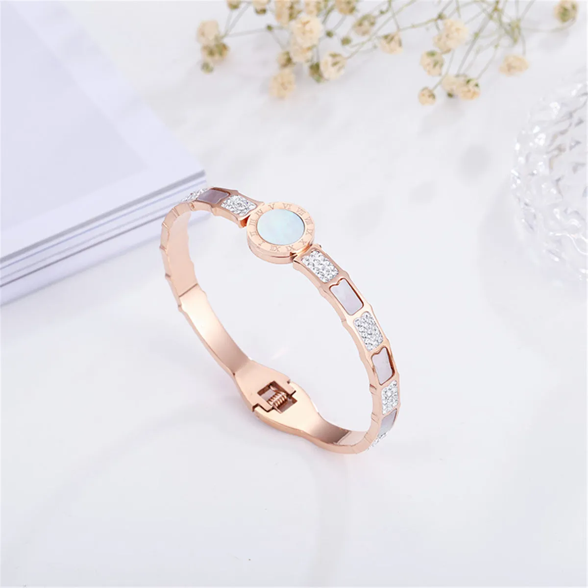 White Shell & Cubic Zirconia 18K Rose Gold-Plated Roman Numeral Hinged Bangle