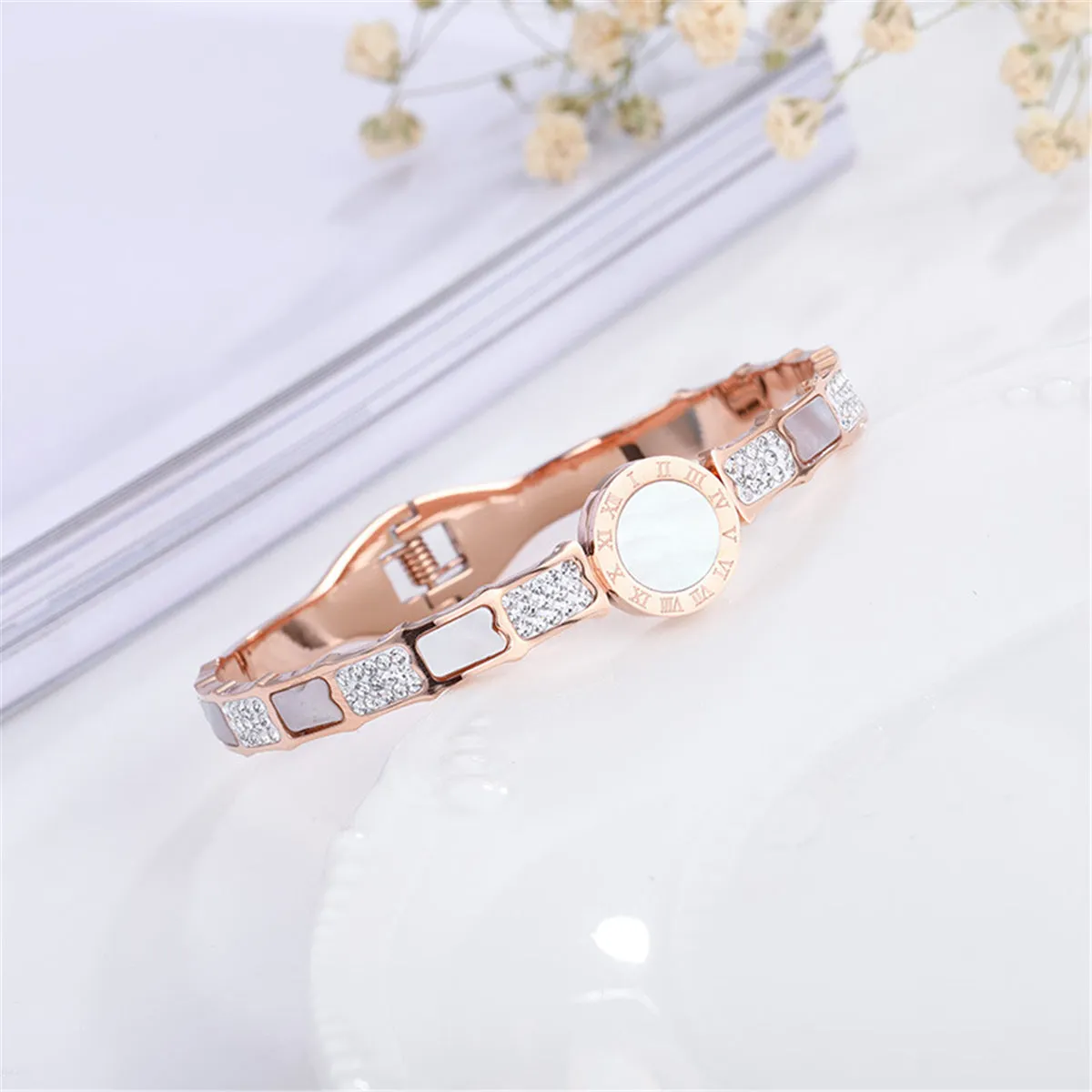 White Shell & Cubic Zirconia 18K Rose Gold-Plated Roman Numeral Hinged Bangle