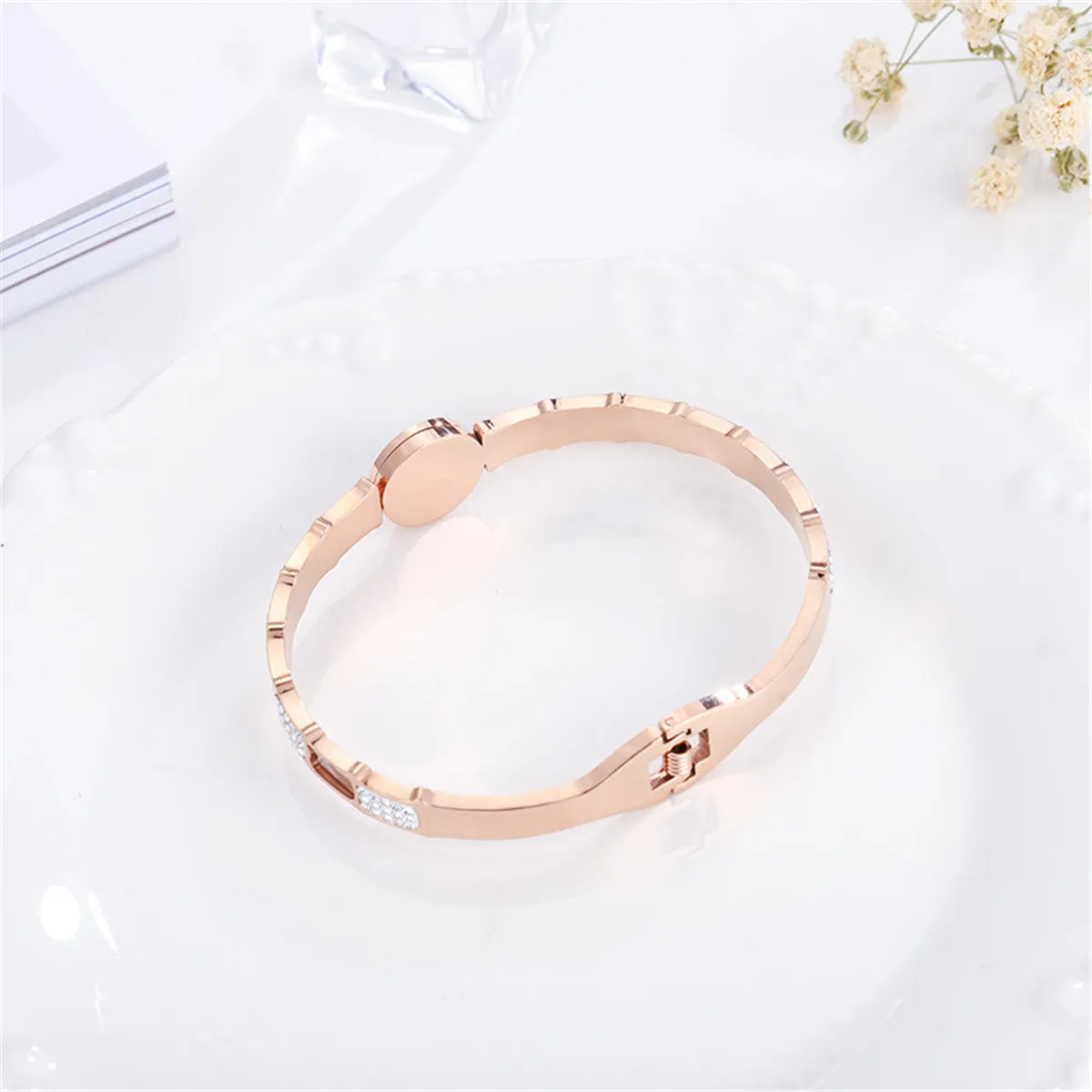 White Shell & Cubic Zirconia 18K Rose Gold-Plated Roman Numeral Hinged Bangle