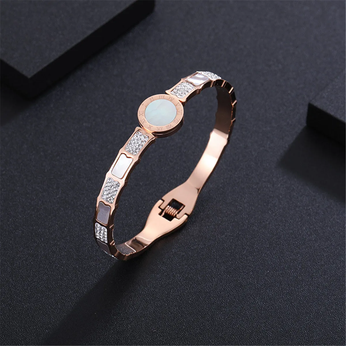 White Shell & Cubic Zirconia 18K Rose Gold-Plated Roman Numeral Hinged Bangle
