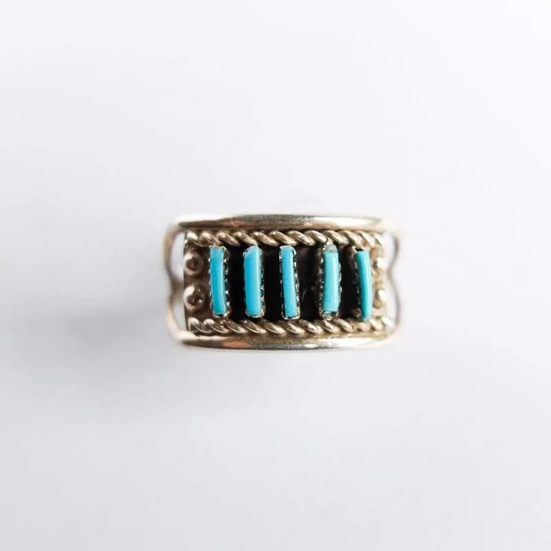 Wide Silver Needlepoint Turquoise Ring Size 9.75