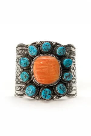 Wide Turquoise and Orange Spiny Oyster Cuff Bracelet