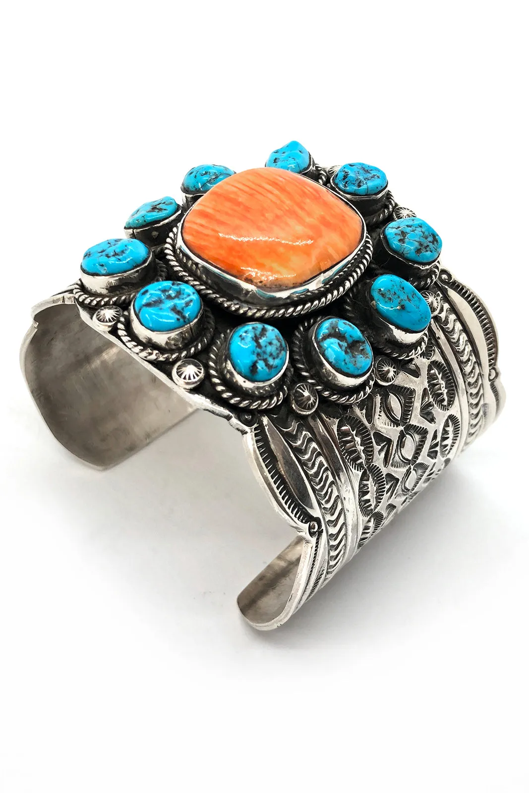 Wide Turquoise and Orange Spiny Oyster Cuff Bracelet