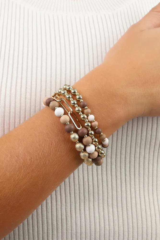 Wood and Gold Chain Set of 4 Stretch Bracelets -Multi