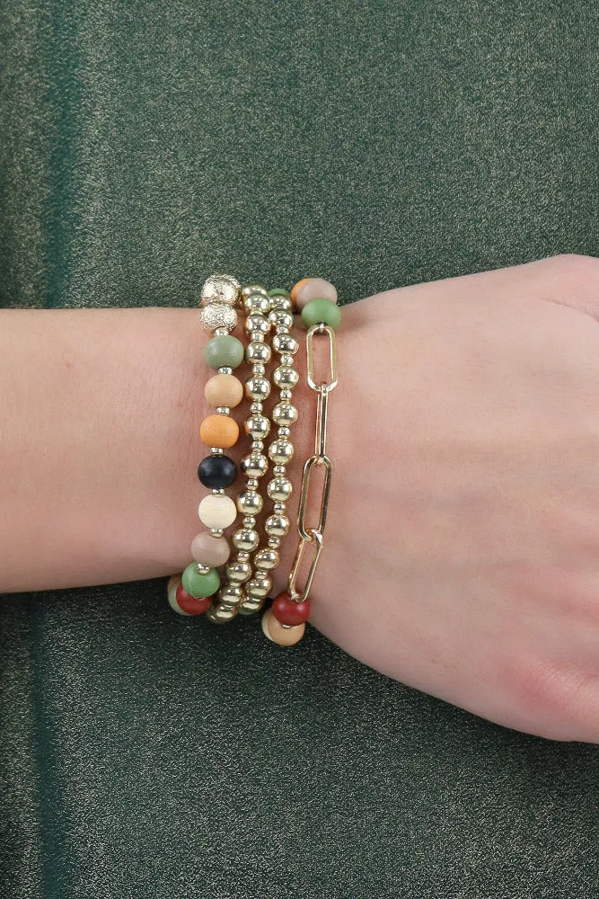 Wood and Gold Chain Set of 4 Stretch Bracelets -Multi