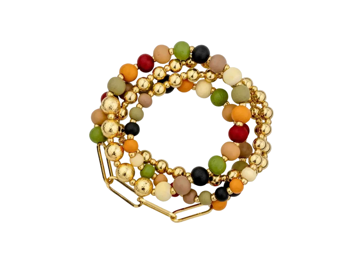 Wood and Gold Chain Set of 4 Stretch Bracelets -Multi