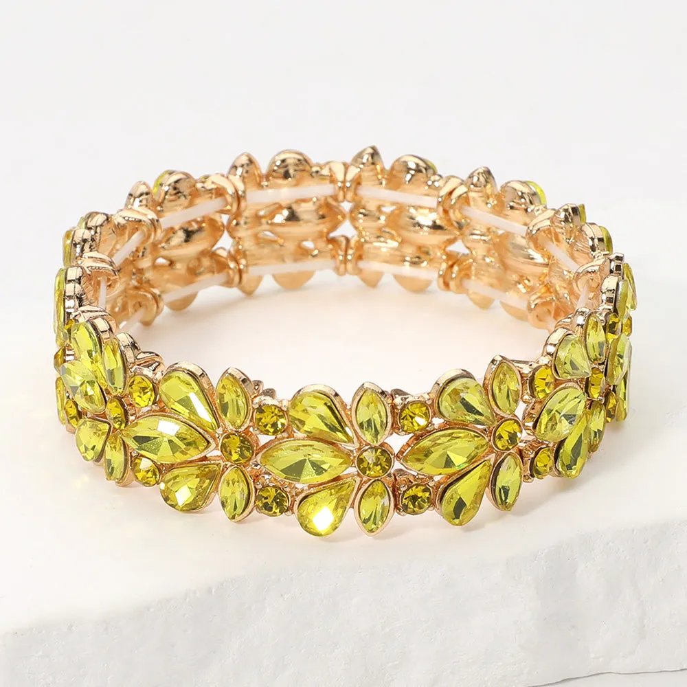 Yellow Crystal Flower Stretch Pageant Bracelet  | Prom Bracelet | 653905